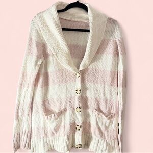 Moth Anthropologie Striped Cardigan Medium Pink Cream Cotton Button Front